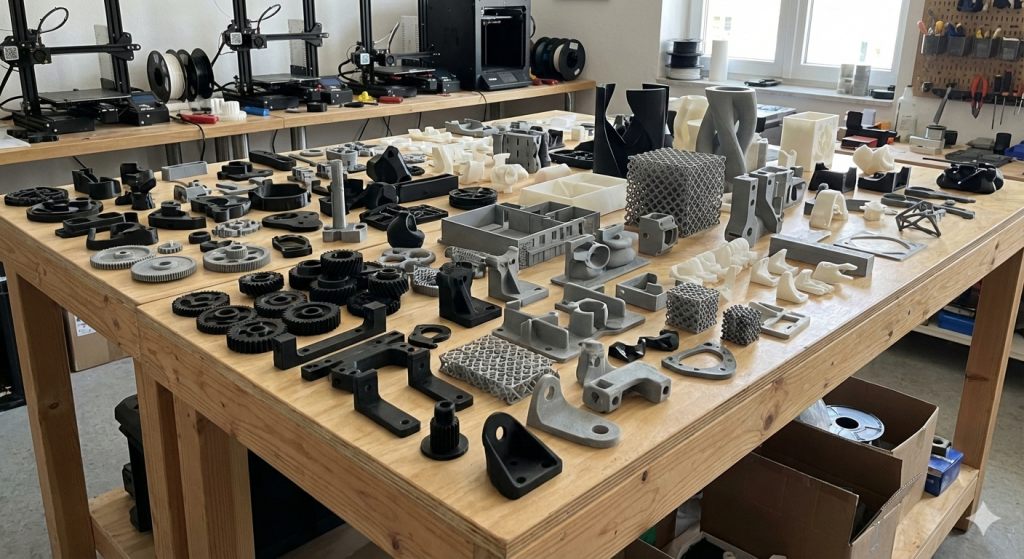 Viele 3D-gedruckte Bauteile auf einer WErkbank. Im Hintergrund erkennt man 3D Drucker