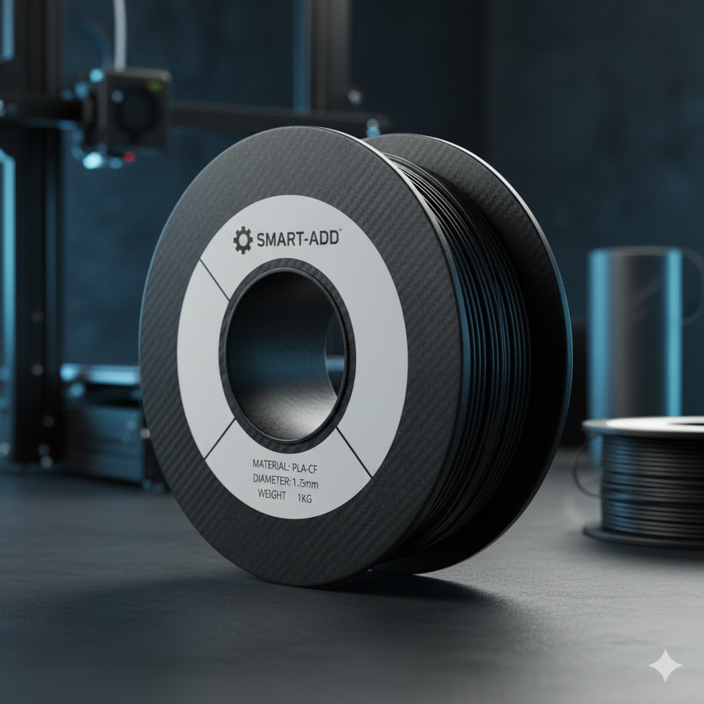 Zeigt eine Filamentspule die mit PLA CF beschriftet ist. im Hintergrund erkennt man einen FDM 3D Drucker